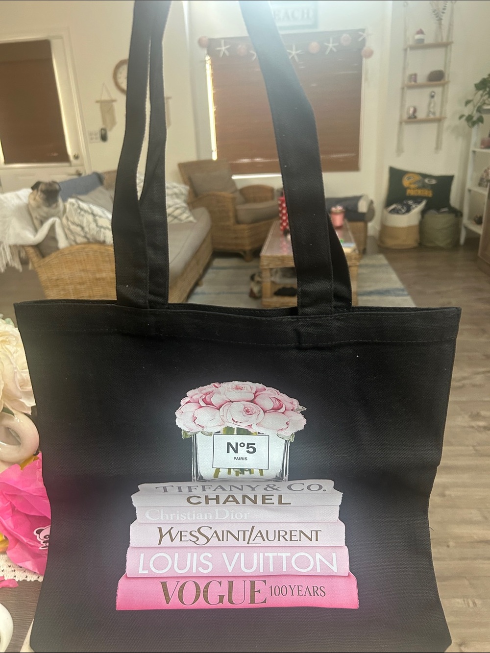 Black Floral Logo Stacked-Brand Canvas Tote - Picture 3 of 4